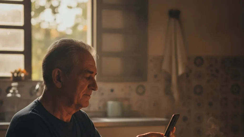 Senhor idoso segurando o celular em pé para travar a rotação da tela, sentado à mesa da cozinha