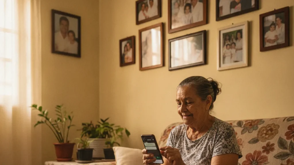 Senhora idosa sentada no sofá organizando o grupo da família no WhatsApp pelo celular.