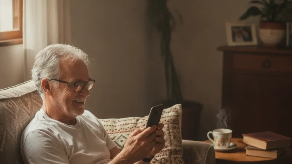 Homem idoso lendo mensagens com a letra do WhatsApp maior na tela do celular, sentado na sala de casa