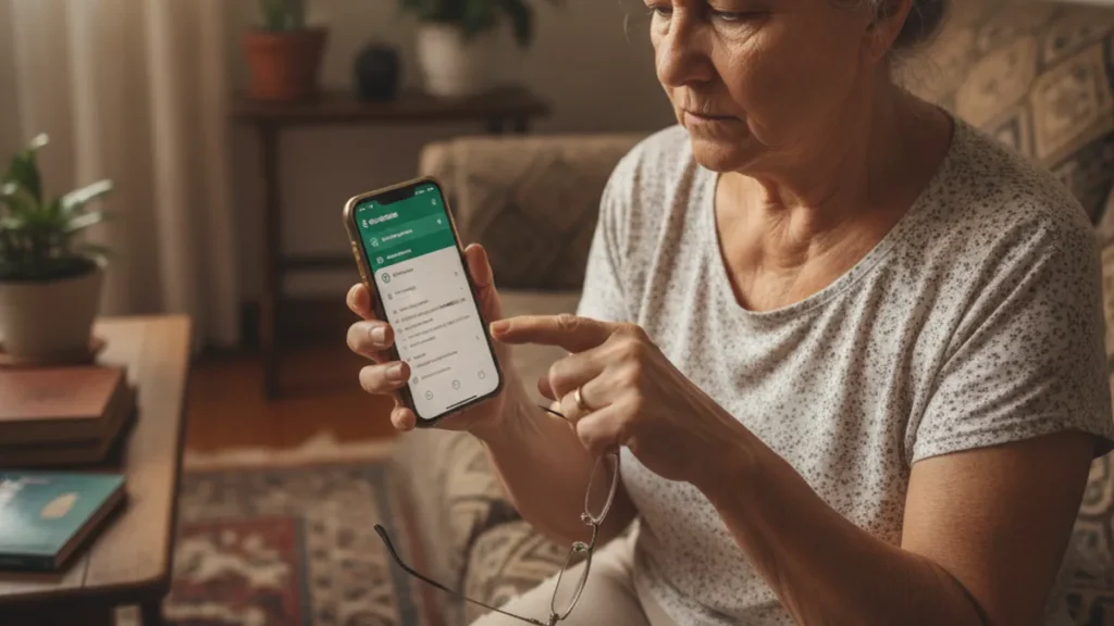 Senhora idosa aumentando a letra do celular nas configurações, sentada na sala de casa