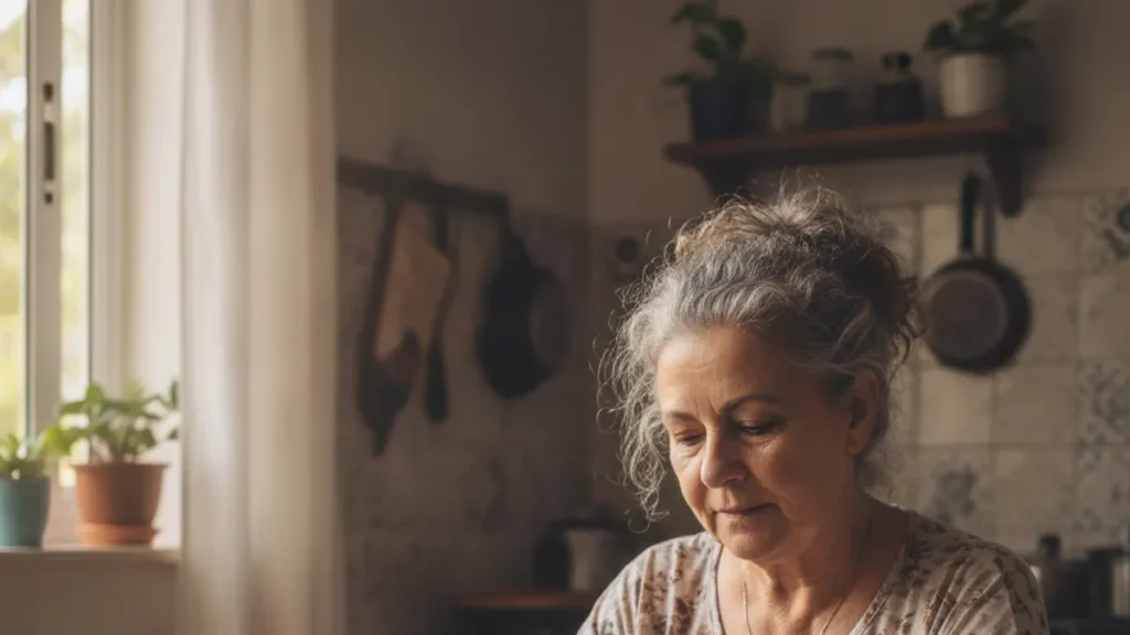 Mulher idosa mexendo nas configurações para deixar a tela do celular maior, sentada à mesa da cozinha