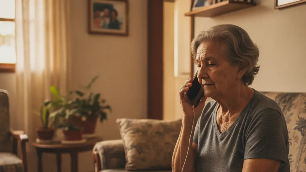 Senhora idosa ajustando o celular para quem tem dificuldade de ouvir, com fone de ouvido sobre a mesa da sala