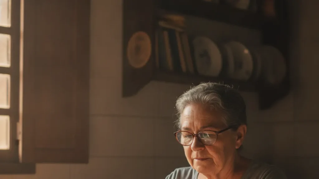 Idosa confere boleto no celular usando o aplicativo do banco na mesa da cozinha