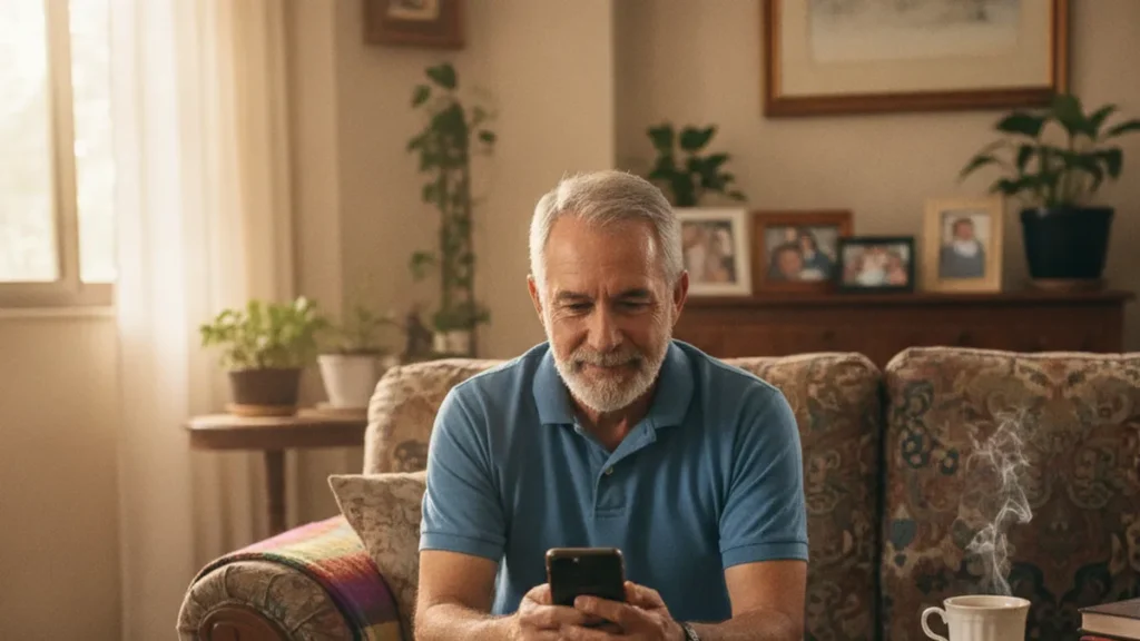 Idoso usando Pix no celular na sala de casa, conferindo a tela de confirmação do aplicativo do banco