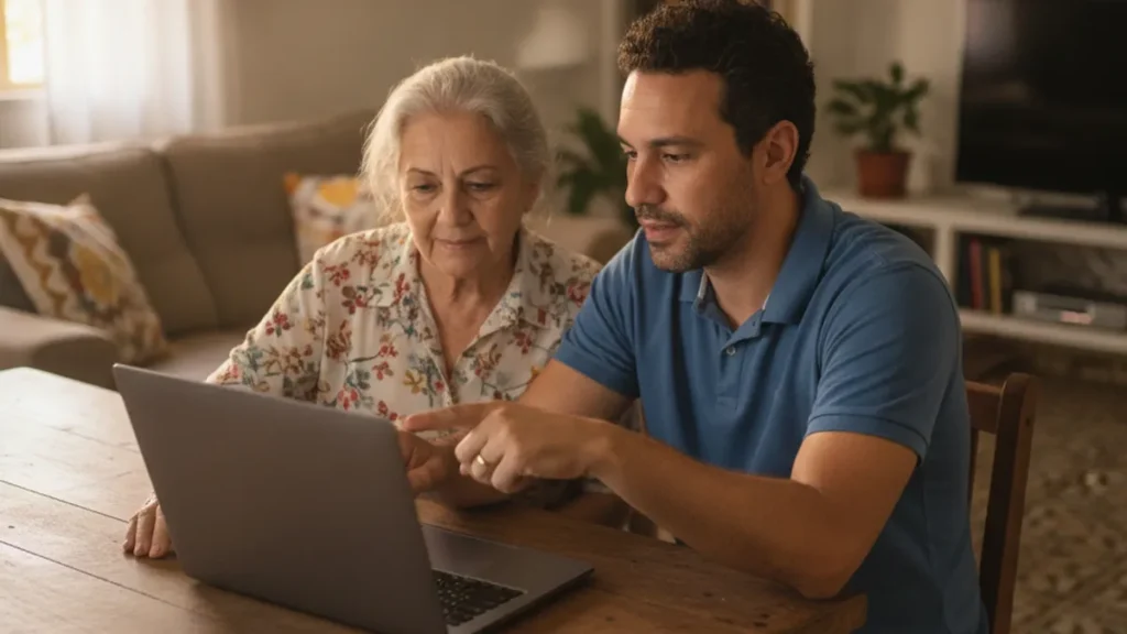 Técnico de assistência em domicílio em Maringá explicando o computador para uma senhora idosa na sala de casa.