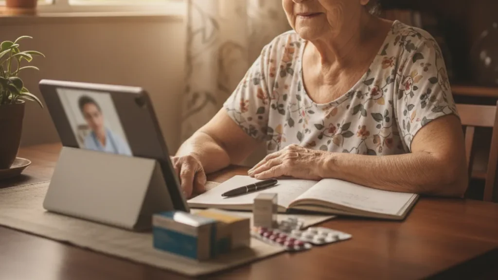 Idosa em consulta médica online pelo tablet, sentada à mesa da sala com anotações ao lado